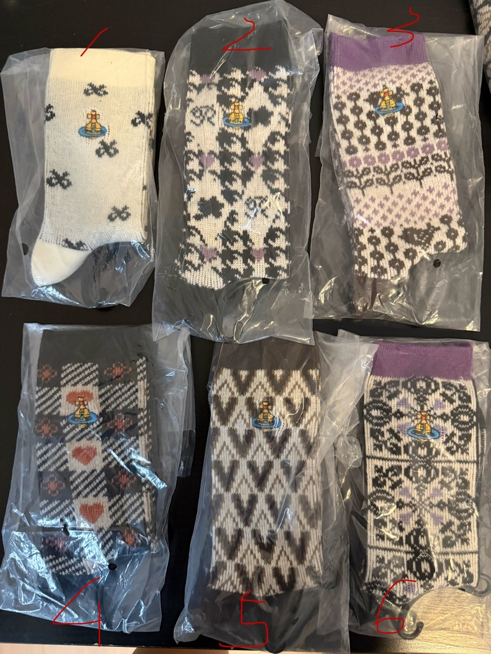 Vivienne Westwood Mixed Pattern Crew Socks in White, Black & Purple